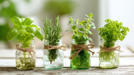Four glass jars hold different fresh herbs like basil rosemary oregano and parsley arranged beautifully on a wooden table in a bright kitchen setting.の素材