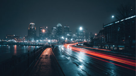 A vibrant city skyline is illuminated at night with skyscrapers glowing in the dark. Traffic streaks along the wet road creating colorful light trails that enhance the urban atmosphere.の素材