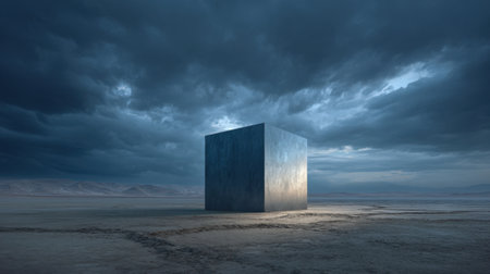 A large cube is standing in a desert with a cloudy sky above. Scene is mysterious and ominous, as the cube seems to be a symbol of something unknown or hiddenの素材