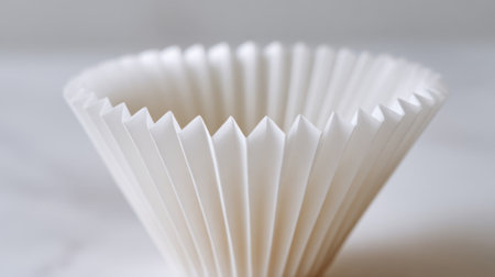 A white paper cupcake wrapper is shown in a close up. The cupcake wrapper is folded in a way that it looks like a cone. The cupcake wrapper is white and has a unique designの素材