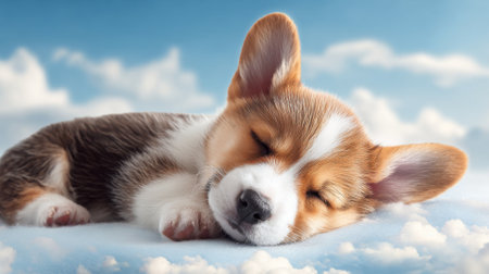 A small brown and white dog is sleeping on a cloud. The dog is curled up and has its eyes closed. Concept of peace and relaxation, as the dog is in a comfortable position and he is at easeの素材