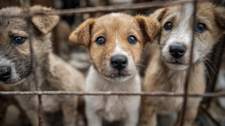 Three playful puppies with big eyes peering through a wire fence at a rescue shelter. They wait for a loving home filled with hope in the afternoon sun.の素材