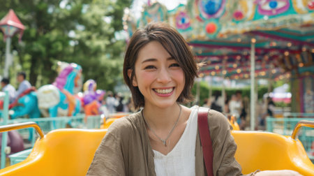 A joyful young woman is seated on a carousel at an amusement park. She smiles brightly against a backdrop of colorful rides and happy visitors enjoying the day. The atmosphere is cheerful and lively.の素材
