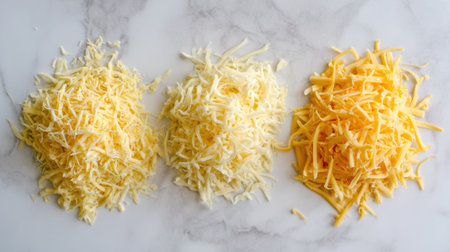 Three different types of cheese are piled on top of each other. The top cheese is yellow and the bottom two are whiteの素材