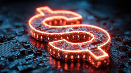 A vibrant neon dollar sign is illuminated against a detailed circuit board background. The glowing graphic stands out in the dark creating a high-tech atmosphere.の素材