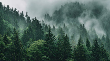 Tall evergreen trees rise dramatically from the forest floor enveloped in a soft blanket of mist. The early morning light creates a serene and mystical atmosphere inviting calm.の素材