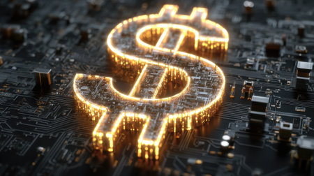 A neon dollar sign stands out against a dark circuit board. This scene reflects the intersection of technology and finance symbolizing digital currency and innovation.の素材
