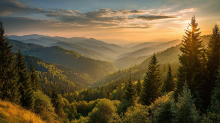 Breathtaking hills and lush trees stretch across the landscape as the sun sets casting warm light over the valleys and creating a serene atmosphere in nature.の素材