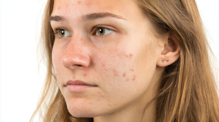A young woman is seen with acne and blemishes on her face. She looks serious while gazing slightly off to the side. The studio setting has a clean white background.の素材