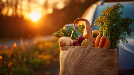 A burlap bag filled with fresh vegetables sits on the side of a car during sunset. Carrots greens and fruits are visible against a warm golden sky.の素材