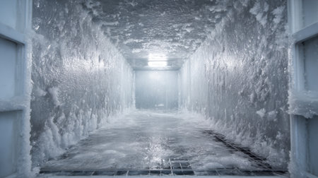 A frozen storage unit shows thick ice on the walls and water pooling on the floor highlighting the refrigeration environment. The cool lighting adds to the atmosphere of cold storage.の素材
