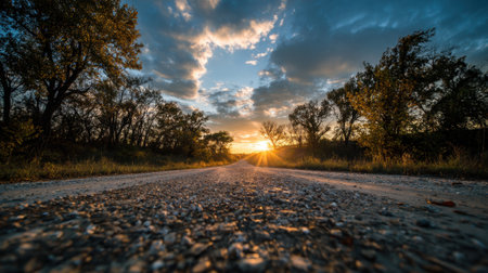 Golden sunlight spills over a gravel road bordered by trees creating a serene and tranquil atmosphere as day transitions into night. The sky is filled with vibrant colors.の素材