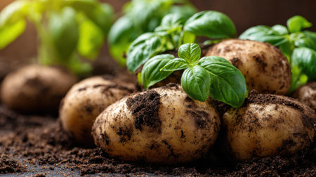 A close-up view of freshly harvested potatoes nestled in dark soil with vibrant basil plants growing nearby under warm sunlight in a garden setting.の素材