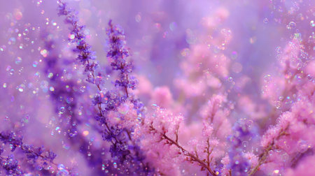 Bright purple and pink flowers bloom amidst gentle bubbles creating an enchanting spring scene filled with color and whimsy in a serene garden.の素材
