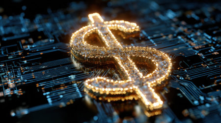 A glowing dollar sign is prominently displayed on a circuit board design representing the intersection of technology and finance in a digital landscape that emphasizes innovation.の素材