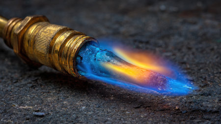 A welding torch is lying on a dark surface producing bright blue and orange flames. The background indicates a workshop environment showing the energy of metalwork.の素材
