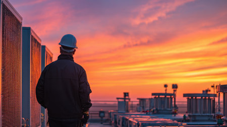 A man in a hard hat stands on a rooftop looking out at the sunset. The sky is filled with clouds, and the sun is setting in the distance. The man is focused on somethingの素材