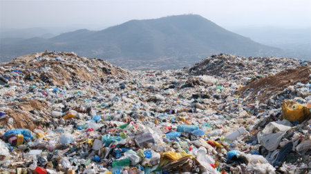 Waste piles up at a landfill site near mountains illustrating the challenges of waste management and pollution. The scene emphasizes the urgent need for better recycling and disposal methods.の素材