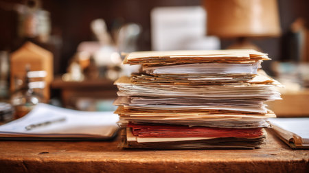 A cluttered desk displays a tall stack of old papers and documents in a warm inviting office. Sunlight filters through the window casting a soft glow on the workspace.の素材