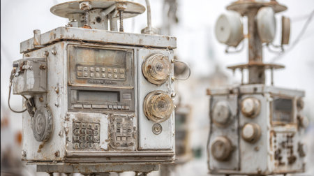 Old control panels with worn buttons and dials stand in an industrial area. The panels show rust and decay highlighting their neglected condition.の素材