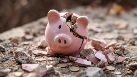 A cracked pink piggy bank sits on a rough surface with coins spilling out among shattered pieces. Sunlight highlights the scene revealing the damage and lost savings.の素材
