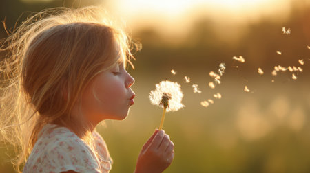 A girl with long hair gently blows on a dandelion puff sending seeds into the warm air. The sun sets behind her illuminating the scene with a soft glow.の素材