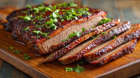 A beautifully cooked smoked brisket is sliced and garnished with fresh herbs creating an appetizing display for a family meal or gathering around a wooden cutting board.の素材