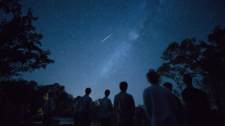 Friends gather by a lake to stargaze on a clear night. They admire the stars and catch glimpses of meteors as they streak across the sky.の素材