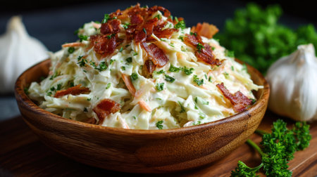 A bowl of coleslaw with bacon and parsley. The coleslaw is topped with bacon and parsley, and it is served in a wooden bowlの素材