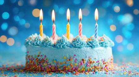 A blue birthday cake with five lit candles on top. The candles are in different colors, including yellow, red, and blue. The cake is decorated with colorful sprinkles, giving it a festiveの素材