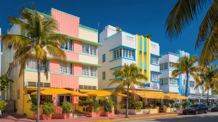 A colorful building with a yellow awning and palm trees in front. The building is in a tropical cityの素材