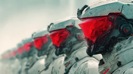 Soldiers in sleek white armor stand in a tight line their glowing red visors shining through a haze. The setting suggests a high-tech atmosphere hinting at a sci-fi scene.の素材