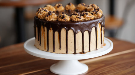 A delicious chocolate cake with a chocolate drizzle on top is displayed on a white cake stand. The cake is beautifully decorated with chocolate and has a rich, indulgent appearanceの素材