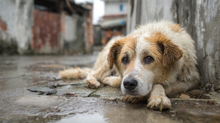 A dog is laying on the ground in the rain. The dog is brown and white. The dog is looking at the cameraの素材
