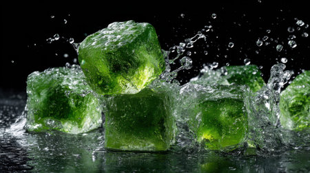 A group of green ice cubes are splashing water. Concept of fun and fun, as the ice cubes are not only cold but also create a lively atmosphere with their splashing waterの素材