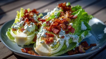 Two lettuce cups with bacon and blue cheese dressing. The bacon is scattered on top of the lettuce, and the blue cheese dressing is drizzled over the top. The dish looks delicious and appetizingの素材