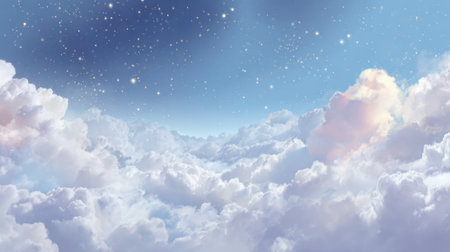 A sky full of clouds and stars. The sky is blue and the clouds are white. The stars are scattered throughout the skyの素材