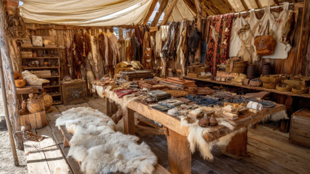 A rustic shop with a table full of leather goods and a tent above it. The shop is filled with various items, including a large table with a pile of leather goods on it. The atmosphere is cozyの素材