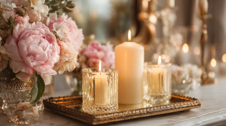A tray with candles and flowers on it. The candles are lit and the flowers are pink. Scene is warm and invitingの素材