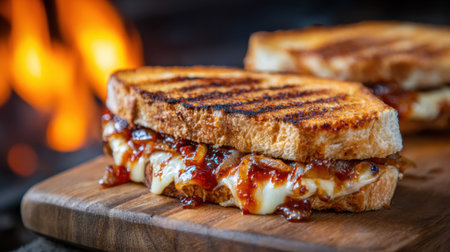 A grilled sandwich with cheese and onions on a wooden cutting board. The sandwich is cut in half and placed on the boardの素材