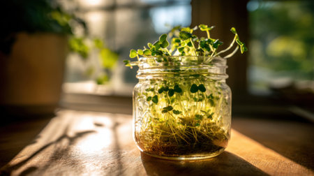 A small plant is growing in a jar on a table. The jar is filled with soil and the plant is thriving. The sunlight is shining on the jar, making the plant look even more vibrant and healthyの素材