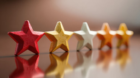 A row of five stars with one red and four gold. The stars are arranged in a line and are reflecting off a tableの素材