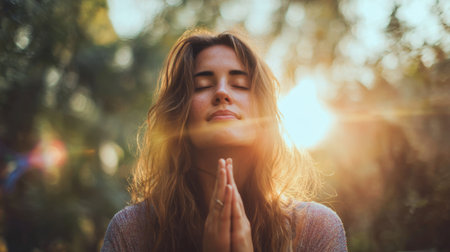A woman is praying in a forest. She is looking up at the sunの素材