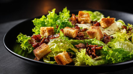 A black plate filled with a delicious salad made of bacon, lettuce, and croutons. The salad is arranged neatly on the plate, with the croutons scattered throughout the dishの素材