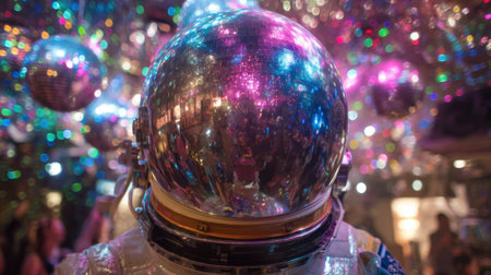 A person in a space suit is surrounded by many colorful disco balls. The scene is lively and fun, with people dancing and enjoying themselvesの素材