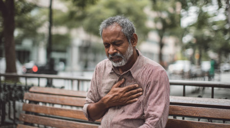 An elderly man sits on a wooden bench in a city park. He holds his chest with one hand displaying a worried expression. The background shows blurred trees and city buildings.の素材