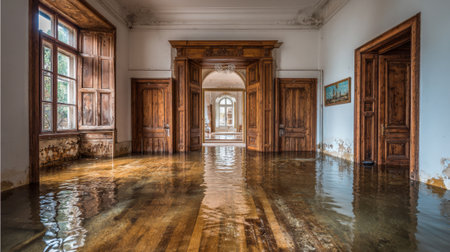 Floodwaters have been taken over a vintage room with wooden floors and walls. Sunlight streams through windows casting light on the still waters surface and revealing deteriorating details.の素材