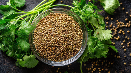 A bowl filled with coriander seeds is set among fresh coriander leaves on a textured dark surface. The scene highlights the colors and contrasts of the herbs and seeds ideal for cooking.の素材