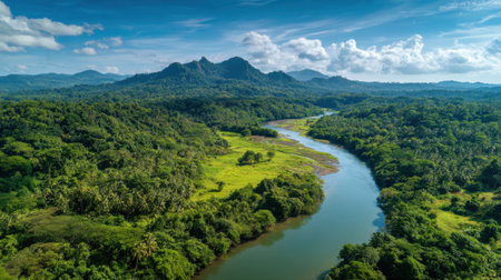 A river runs through a lush green forest. The sky is clear and blue, and the mountains in the background add to the serene atmosphereの素材