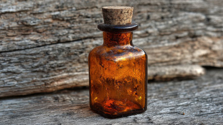 An old amber glass bottle sits on a rustic wooden surface. Natural light enhances its rich color. The bottle has a cork stopper and displays a vintage design suggesting a forgotten era.の素材